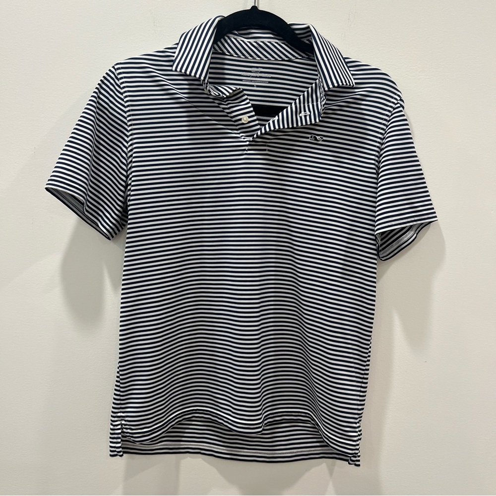 ✅ Vineyard Vines kids large 16 Navy White Striped Polo Shirt top collared golf